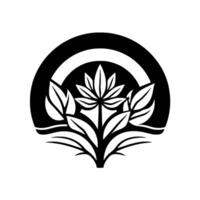 Black and white stylized illustration of a flowering plant with multiple leaves, within a curved frame and a rainbow arc at the center. vector