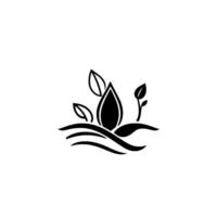 Minimalist Black and White of a Water Drop with Leaves and Water Lines, Symbolizing Nature and Growth. vector