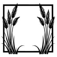 Elegant black and white , showcasing stylized wheat and grass framing a blank square with minimalist botanical style. vector