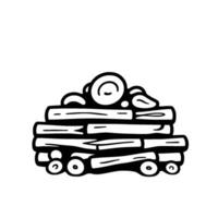 Artistic illustration of a stacked firewood pile with stylized cartoonlike and simple black and white aesthetic on white background. vector