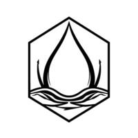 Black and white hexagonal emblem featuring a stylized droplike form and wave motif, symbolizing nature and growth. vector
