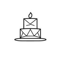 Minimalist Black and White Illustration of a TwoTiered Geometric Birthday Cake with a Lit Candle Flame on Top and a Plate. vector
