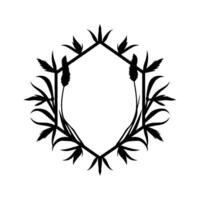 Elegant Black Floral Hexagonal Frame Botanical Silhouette with Delicate Leaves and Spikelets, Perfect for vector