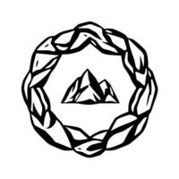 Stylized Black and White Mountain Peaks Enclosed in a Ring of Textured, StoneLike Forms Suggesting Strength and Endurance. vector