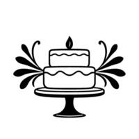 Twotiered cake with stylized leaf and decorative flourishes on a pedestal, in a minimalist black and white . vector