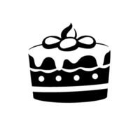 Black and white illustration of a layered cake with icing, dots, and decorative toppers, perfect for celebrations. vector