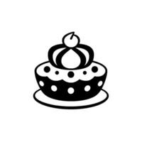 Simple Black and White Line Art Illustration of a Fancy Crowned Cake on a Plate with Cherries. vector