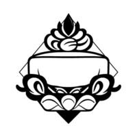 Ornate Black and White Geometric Emblem A symmetrical composition featuring stylized floral elements, forming a decorative border around a blank rectangular center. vector