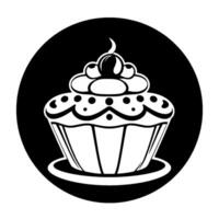 Stylized Black and White Illustration of a CherryTopped Cupcake in a Circular Frame, Elegant Minimalist vector