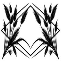 Symmetrical black and white botanical illustration of ornamental grass framing a central open space, set against a clean white background. vector