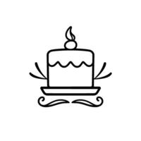 Minimalist Black and White Illustration of a Square Layer Cake with a FlameShaped Topper, Embellishments, and Decorative Base. vector