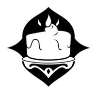 Elegant Black and White Birthday Cake Illustration with a Lit Candle, Ornamental Frame, and Minimalist . vector