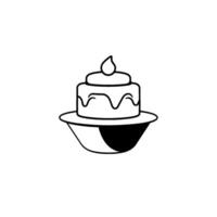 Simple Illustration A small, twotiered cake with a single topping on a rounded cake stand with a black and white against a plain white background. vector