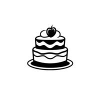 Black and white illustration of a twotiered cake with a heartshaped cherry on top, centered on a plain white background. vector