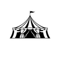 A stark, highcontrast, black and white illustration of a classic circus tent with a flag atop its peak. vector