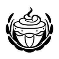 Playful, stylized black and white illustration of a cupcakelike creature with expressive features, a swirl of frosting, and decorative flourishes, set against a stark white background. vector