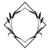Black and white minimalist floral illustration featuring wheat and leaves arranged inside a geometric diamond frame. vector