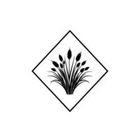 Black silhouette of stylized cattails and grasses enclosed within a black diamond frame on a white background. vector