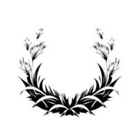 Stylized Black and White SemiCircle Botanical Illustration Feathery Seed Heads and SharpEdged Leaves Creating a Symmetrical on a White Background. vector