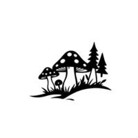 Enchanting Black and White Illustration Forest Scene featuring dotted mushrooms and evergreen trees in a serene meadow. vector