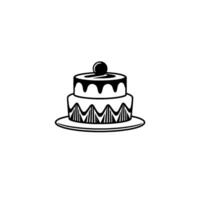 Twotiered cake illustration with chocolate drizzle and cherry on top, set on a plate, minimalist black and white . vector