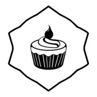 Black and white of a cupcake with a swirl of frosting and a cherry, enclosed within an irregular pentagonal frame, simple . vector
