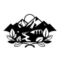 Black and white illustrative of a mountain range with a river, sun, trees, and foliage border, evoking natures beauty. vector