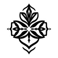Symmetrical, black and white floralinspired geometric on a plain white background, resembling a stylized cross with pointed petals. vector
