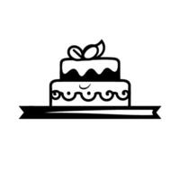 Elegant twotiered black and white cake with decorative ribbon and leaf embellishment, isolated on white background, minimalist style. vector