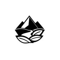 Stylized black and white featuring mountain peaks, a flowing river, and leaves, representing nature and tranquility. vector