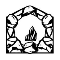 Black and white depicting a rocky archway enclosing a cluster of crystalline structures, suggesting a hidden gem. vector