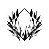 Geometric Black White Silhouette Wheat and Grass Framing a Decorative Hexagon vector