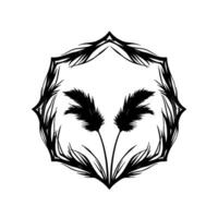 A symmetrical, minimalist botanical illustration featuring two feathery flower plumes enclosed by a stylized, ornate black border on a white background. vector