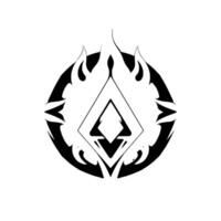 A striking black and white stylized emblem featuring a central diamond shape surrounded by flames and a circular border, evoking a sense of energy. vector