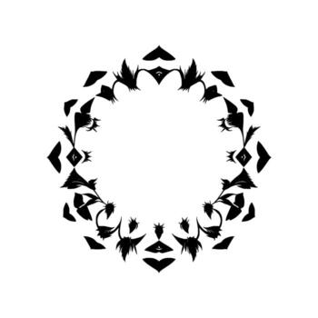 Symmetrical Black and White Floral Ornament a geometric, botanical with ornate leaves and stylized, mirrored flower elements arranged in a circular pattern. vector