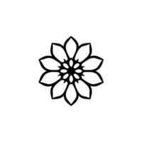 Isolated black outline of a stylized flower blossom, symmetrical , petals arranged in a circular pattern against a stark white background. vector