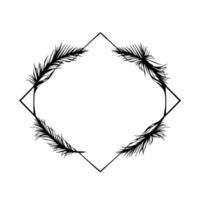 Minimalist Black Feather Wreath Enclosing a Diamond Frame on White Background. vector