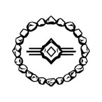 Intricate monochrome featuring a circular rock border framing an abstract diamondshaped figure. vector