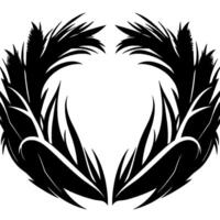 Symmetrical Black Feather Artistic Illustration of Two Feathered Halves Creating HeartLike Shape on White Background. vector