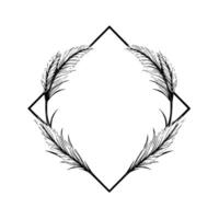 A minimalist blackandwhite image featuring a rhombus frame adorned with elegant feather accents, centered on a clean white background. vector