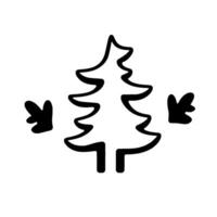 Simple black and white whimsical illustration of a stylized Christmas tree with two decorative leaflike elements, set against a clean white backdrop. vector