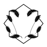 Minimalist Black Feather Wreath Inside a Geometric Black Hexagon Frame on a White Background. vector