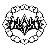 Geometric black and white with a central diamondshaped element surrounded by abstract crownlike motifs and a segmented circular border. vector