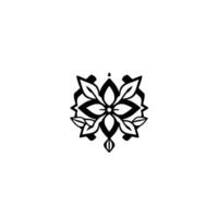 A symmetrical, minimalist black and white floral emblem with layered petal and leaf motifs, centered on a white background, radiating a sense of balance and intricacy. vector