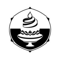 Monochromatic cake illustration within an embellished shield, featuring layered cake, pedestal, and a stylized flame atop, symbolizing celebration. vector