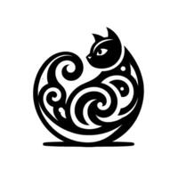 Black and white stylized cat with intricate swirling tribal patterns, simple , clean background, focused feline profile. vector