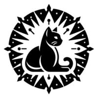 Elegant black cat silhouette within a stylized sunburst , minimalist and clean on a white background. vector