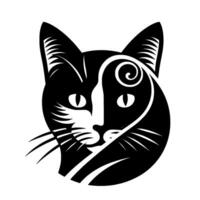 A stylized black and white illustration of a cats face, with a symmetrical featuring swirling patterns and bold lines. vector