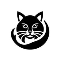 Minimalist Black Cat Circular , Smiling Feline, Tail Wrapping, Bold Lines, White Background. vector