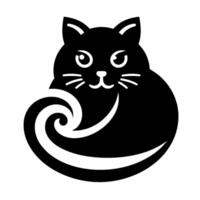 Bold Black Cat Silhouette with Whimsical Swirl Tail and Playful Expression on White Background. vector